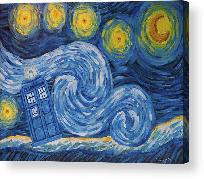 Science Fiction Acrylic Print featuring the painting Starry Tardis Night by Iam Deirdre