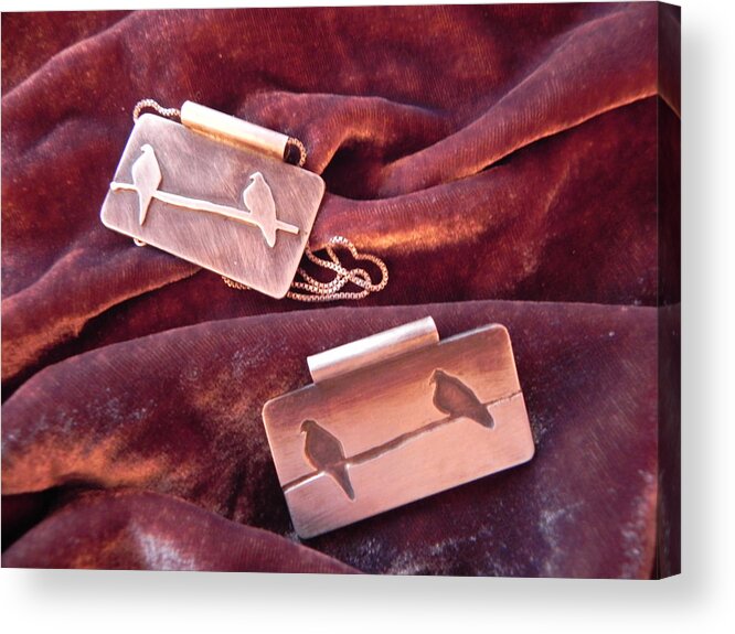 Two Morning Doves On A Wire Acrylic Print featuring the jewelry Sterling silver bird pendants by Patricia Tierney