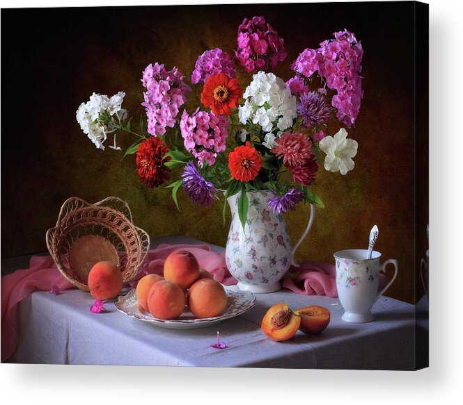 Flower Acrylic Print featuring the photograph Still Life With Summer Bouquet And Peaches by ??????????? ??????????