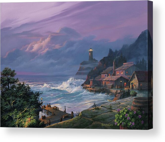 Lighthouse Acrylic Print featuring the painting Sunset Fog by Michael Humphries