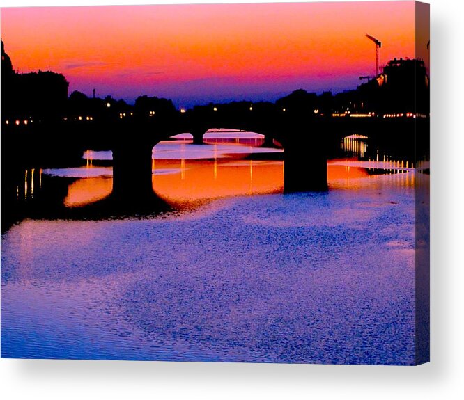 Surreal Photograph Acrylic Print featuring the painting Sunset over Golden Bridge Italy by Margaret Glenn