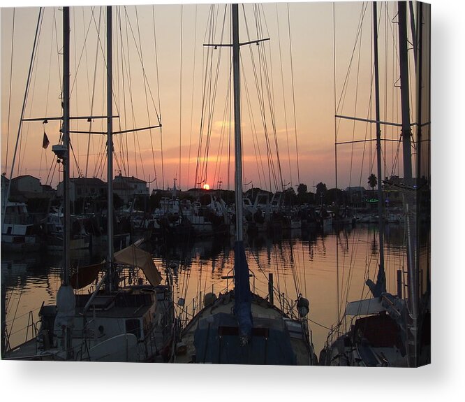 Sandra Muirhead Artist/photographer Tall Ships Sunset Scenes Mediterranean Sea Sea Ports Grau De Roi Sea Port Port De Peche Sailing Ships Acrylic Print featuring the photograph Tall Ships by Sandra Muirhead