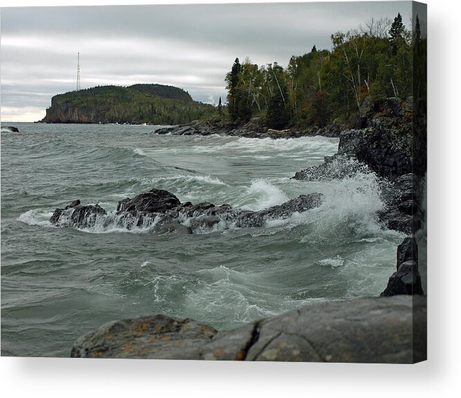 Peterson Nature Photography Melissa Surf Palisade Head Seascape Seascapes Rock Rocks Awe Beach Beaches Rugged Lake Superior Great Lakes North Shore Woods Powerful Waves Crashing Wave Break Gale Gales Breaking Tettegouche State Park Parks Minnesota Mn Camping Scenic Scene Fall Autumn Rocky Shore Shores Shoreline Silver Bay Whitecaps Splashing Splash Outdoors Outdoor Water Dramatic Cloudy Wilderness Landscape Landscapes Trees Weather Wind Windy White Extreme America American Cliffs Acrylic Print featuring the photograph Tettegouche State Park by James Peterson