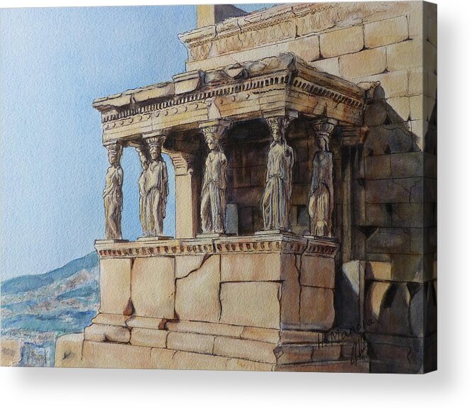 Athens Acrylic Print featuring the painting The Caryatid Porch of the Erechtheion by Henrieta Maneva
