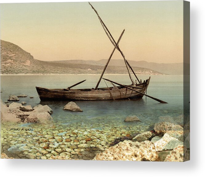 Jesus Acrylic Print featuring the painting The Jesus Boat at the Sea of Galilee by Miki Karni