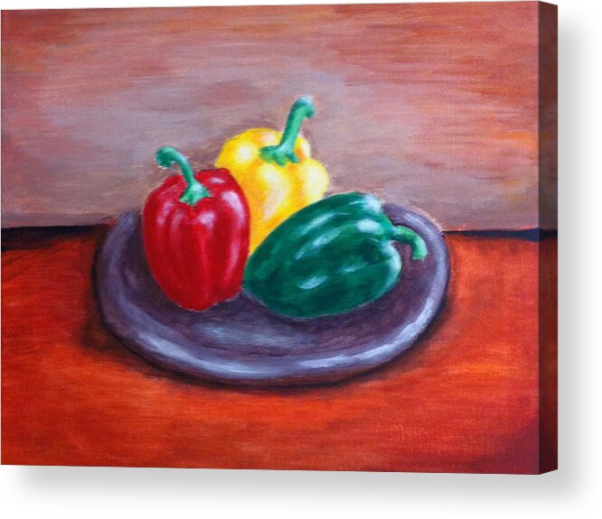 Peppers Acrylic Print featuring the painting Three Peppers by Bozena Zajaczkowska