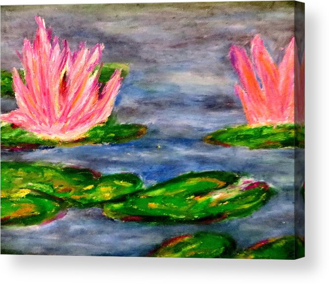 Water Lillies Oil Pastel Water Color Vivid Impressionist Imagine Color Blue Green Nature Marsh Plants Aquatic Acrylic Print featuring the pastel Tiger lillies by Daniel Dubinsky