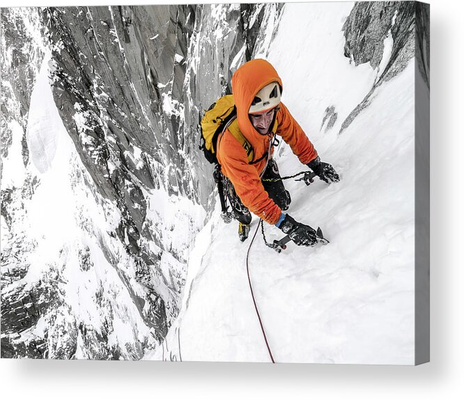 Action Acrylic Print featuring the photograph Tom Grant Arriving In The Upper Couloir Nord Des Drus, Chamonix, France by Ben Tibbetts