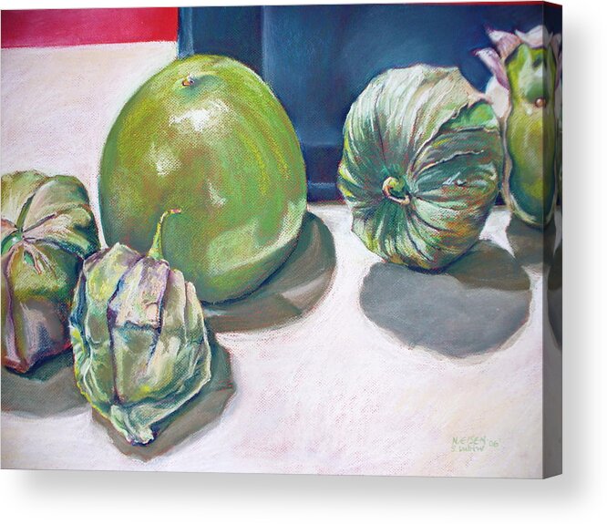 Tomatillo Acrylic Print featuring the pastel Tomatillo Ole by Outre Art Natalie Eisen
