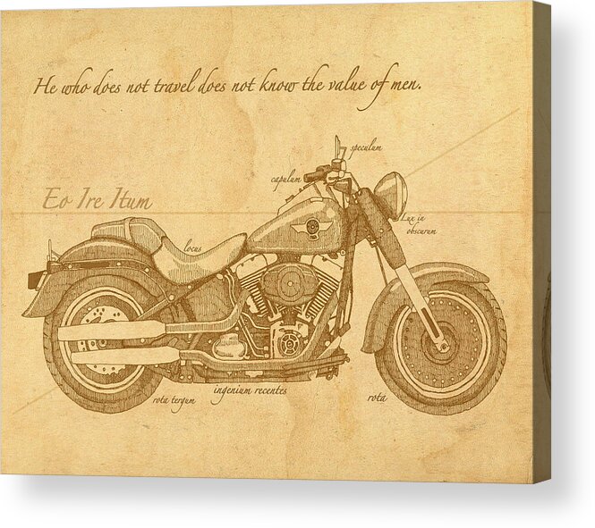 Motorcycle Latin Travel Acrylic Print featuring the drawing Travel Plan by Meg Shearer