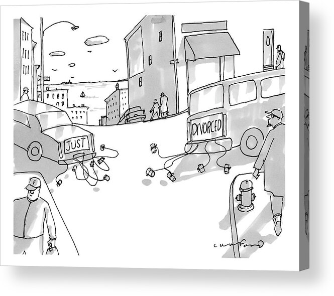 Just Divorced Acrylic Print featuring the drawing Two Cars Pull Away From Each Other With Cans Tied by Michael Crawford