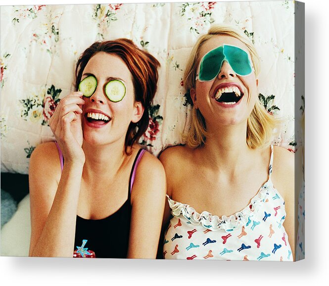 Eye Mask Acrylic Print featuring the photograph Two Female Teenagers Lying in Bed Wearing Eye Masks by Digital Vision.