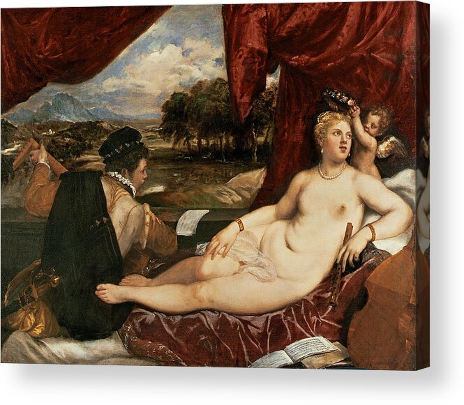 Titian Acrylic Print featuring the painting Venus And Cupid With A Lute Player by Titian