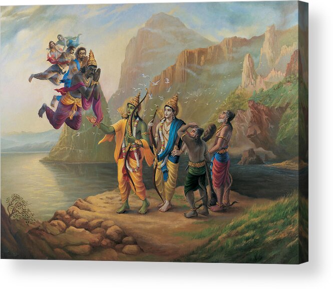 Ram Acrylic Print featuring the painting Vibhishan meeting Ram and Lakshman by Vrindavan Das