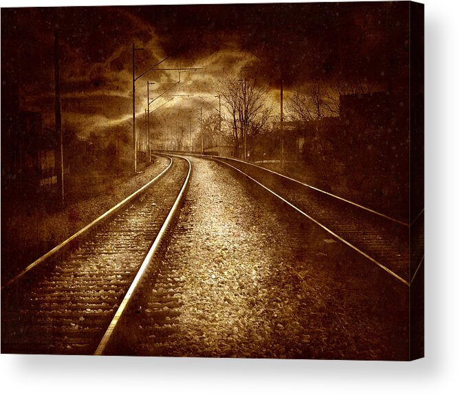 Abstract Acrylic Print featuring the photograph Vintage collage - old railroad by Modern Abstract