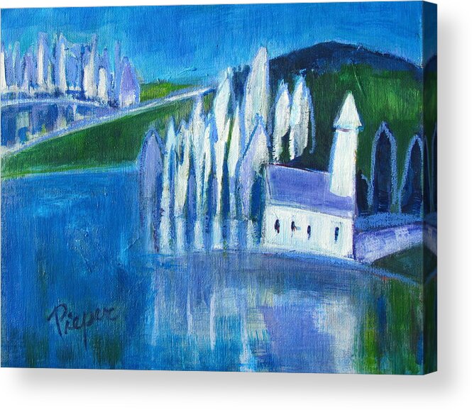 Abstract Painting Of White Church And White Trees Acrylic Print featuring the painting White Church and White Trees with Blue and Green by Betty Pieper