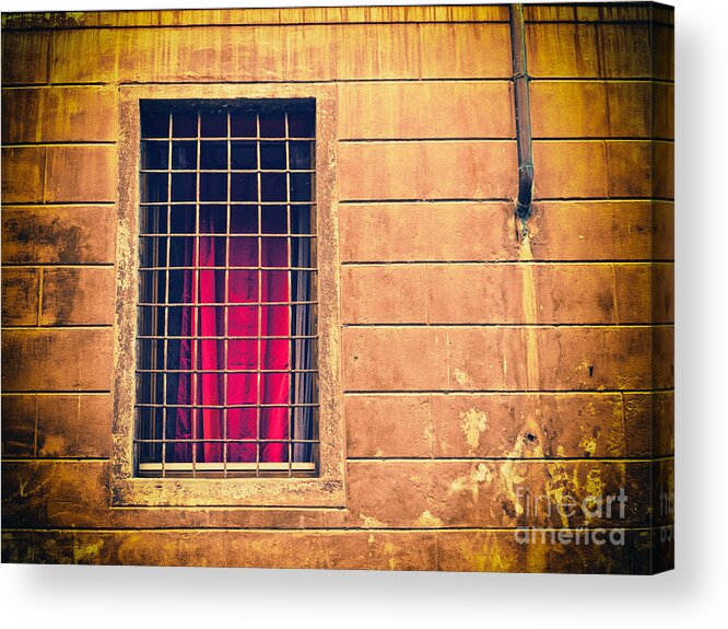 Architecture Acrylic Print featuring the photograph Window with grate and red curtain by Silvia Ganora