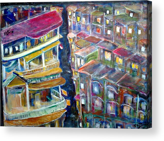 Cityscapes .abstract Acrylic Print featuring the painting Windows uploading....... by Subrata Bose