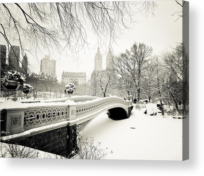 New York City Acrylic Print featuring the photograph Winter's Touch - Bow Bridge - Central Park - New York City by Vivienne Gucwa