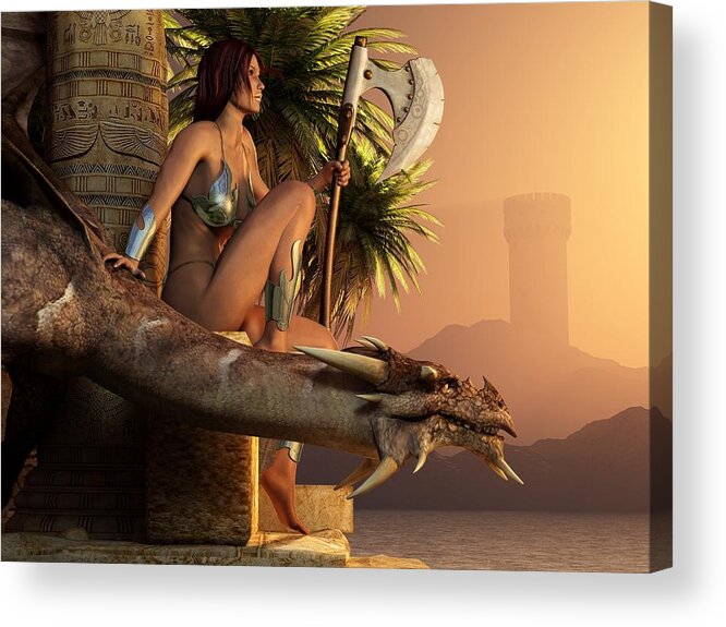 Barbarian Acrylic Print featuring the digital art Woman with Axe and Dragon by Kaylee Mason