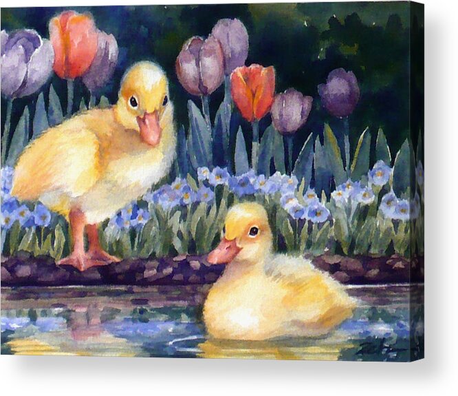 Baby Animals Print Acrylic Print featuring the painting Yellow Ducklings - First Swim by Janet Zeh