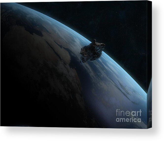 Horizontal Acrylic Print featuring the digital art Asteroid In Front Of The Earth #3 by Carbon Lotus