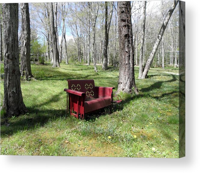 Old Metal Bench Acrylic Print featuring the photograph A perfect bench in the country by Kim Galluzzo