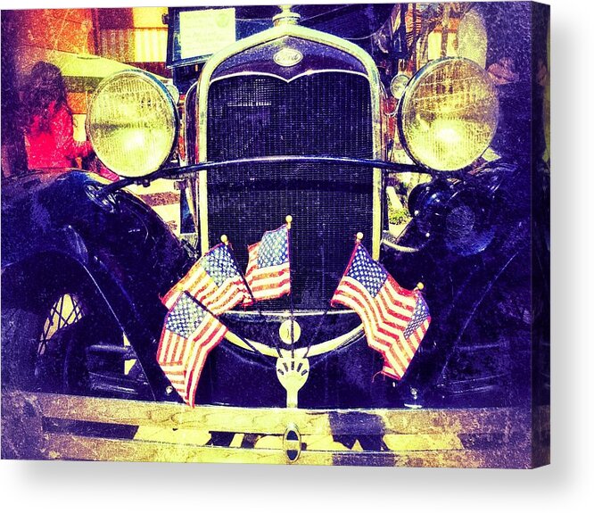 Old Car Acrylic Print featuring the photograph Antique Car with Flags by Nora Martinez