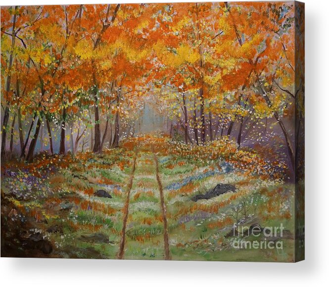 Country Road Art Acrylic Print featuring the painting Autumn Country Road by Leslie Allen
