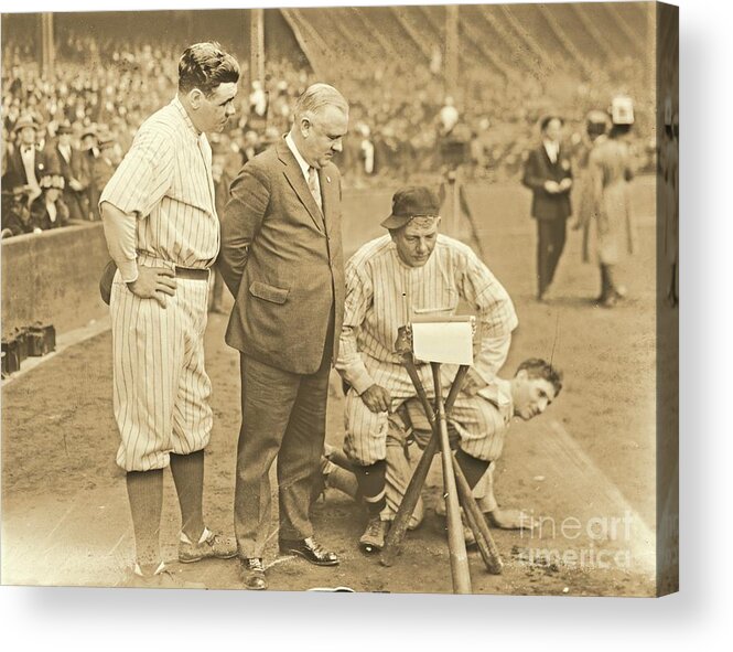 Babe Ruth Studies The Roster Acrylic Print featuring the photograph Babe Ruth Studies the Roster by Padre Art