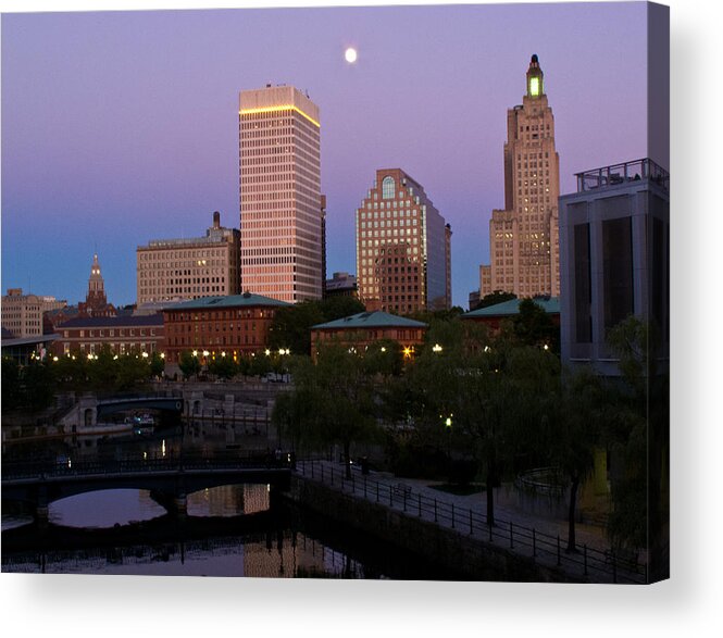 Blue Moon Acrylic Print featuring the photograph Blue Moon over Downtown Providence 2 by Nancy De Flon