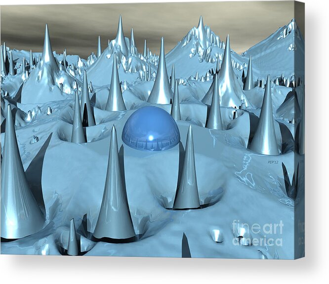 Digital Art Acrylic Print featuring the digital art Blue Spikes Alien Terrain by Phil Perkins