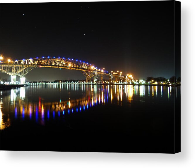 Bluewater Bridges Acrylic Print featuring the mixed media Bluewater Bridges on a Warm Spring Night by Bruce Ritchie