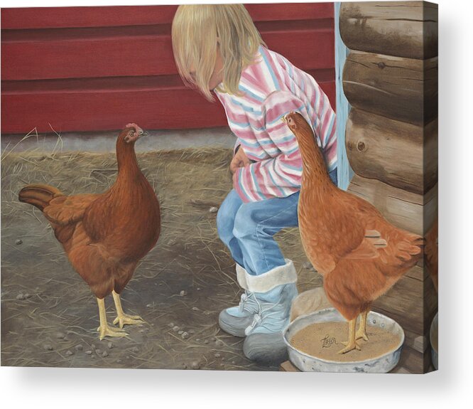 Girl And Chickens Acrylic Print featuring the painting Chicken Talk by Tammy Taylor