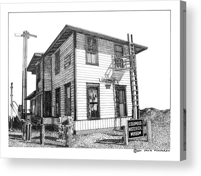 Framed Prints And Note Cards Of Ink Drawings Of Scenic Southern New Mexico. Framed Canvas Prints Of Pen And Ink Images Of Southern New Mexico. Black And White Art Of Southern New Mexico Acrylic Print featuring the drawing Columbus New Mexico by Jack Pumphrey