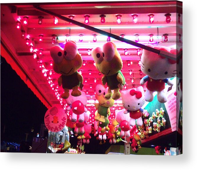 Stuffed Animals Acrylic Print featuring the photograph Hello Frog Goodbye Kitty by Kym Backland