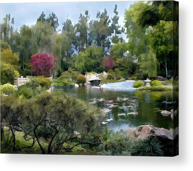 Japanese Garden Acrylic Print featuring the painting Japanese Garden Panorama 1 by Elaine Plesser