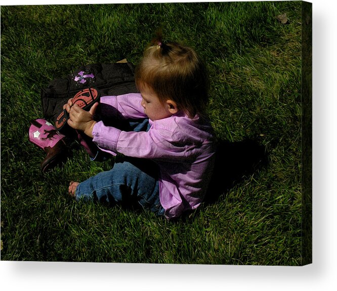Child Acrylic Print featuring the painting Let's Try Mine by Adam Vance