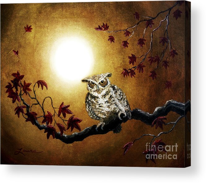 Grunge Acrylic Print featuring the digital art Owl in Maple Leaves by Laura Iverson