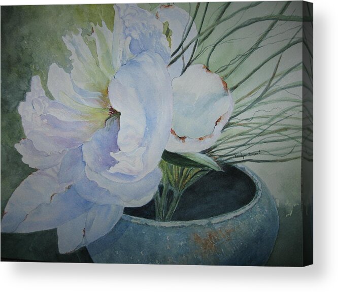 White Flower Acrylic Print featuring the painting Peony and Grass by Marilyn Clement