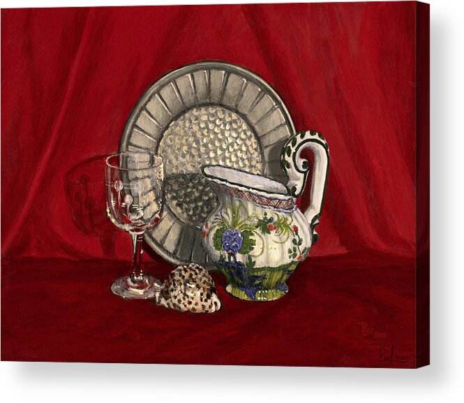 Tempera Acrylic Print featuring the painting Pewter dish with red cloth. by Raffaella Lunelli