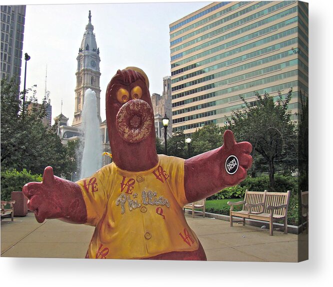Phanatic Statue Love Park Philadelphia City View Acrylic Print featuring the photograph Phanatic LOVE Statue in the City by Alice Gipson