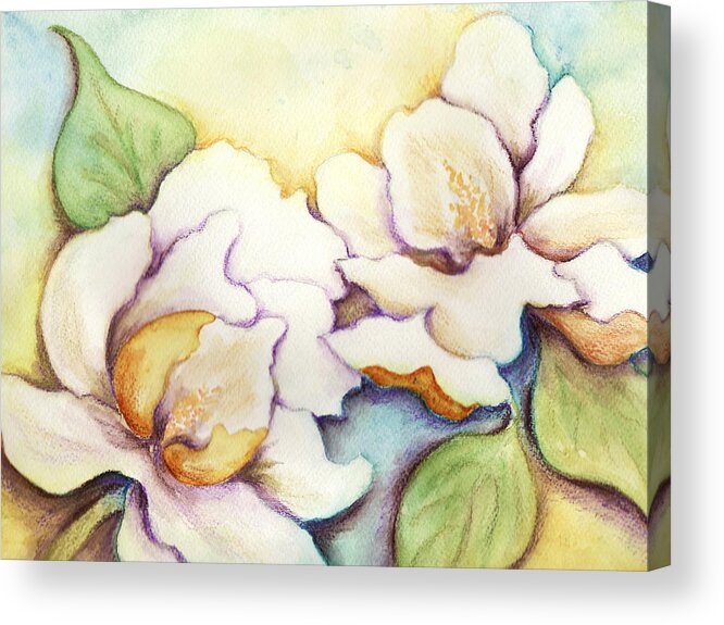 Magnolia Acrylic Print featuring the painting Two Magnolia Blossoms by Carla Parris