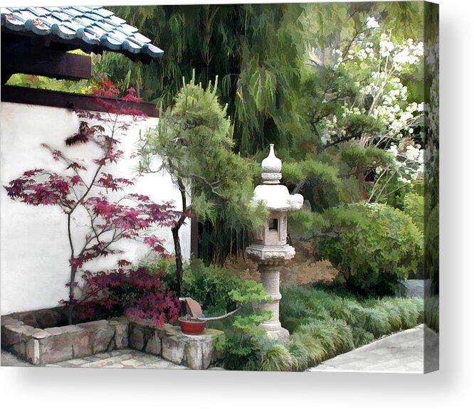 Japanese Garden Acrylic Print featuring the painting Waiting at the Entry Wall by Elaine Plesser
