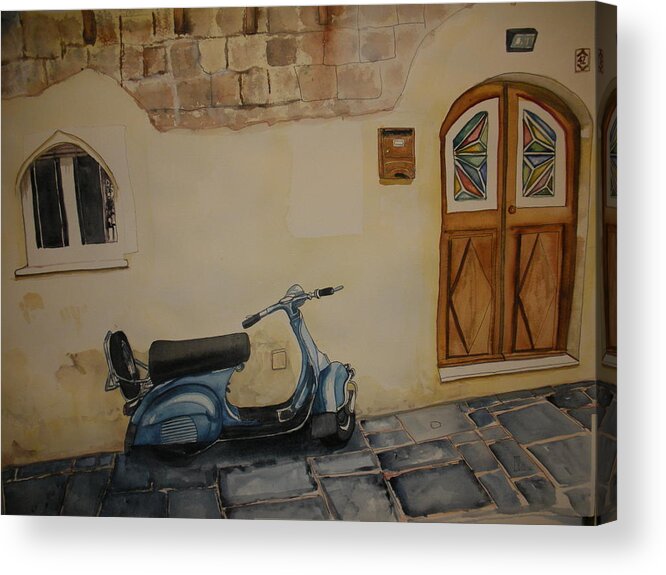 Vespa Acrylic Print featuring the painting Waiting patiently by Lee Stockwell