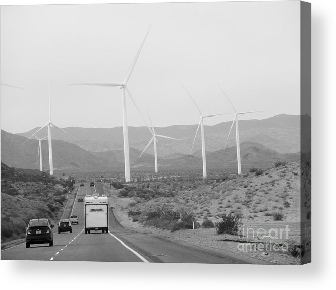 Mountains Acrylic Print featuring the photograph Mountains- Wind Turbine and Road with Cars by Claudia Ellis