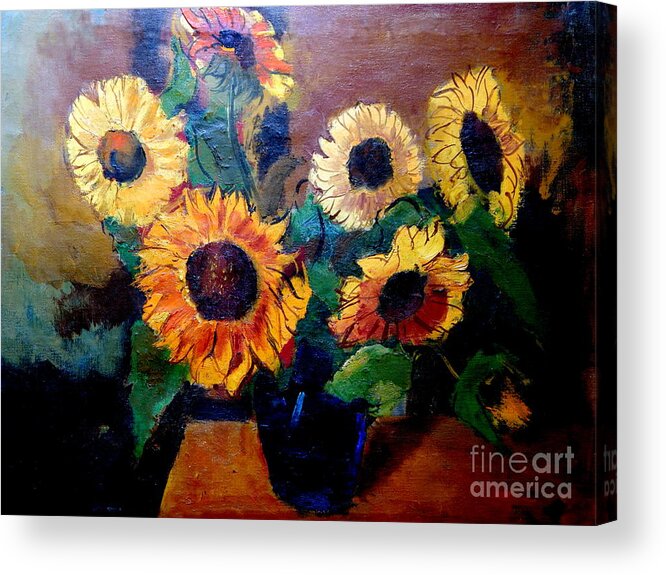  Sunflowers Acrylic Print featuring the painting By Edgar A. Batzell Sunflowers by Priscilla Batzell Expressionist Art Studio Gallery