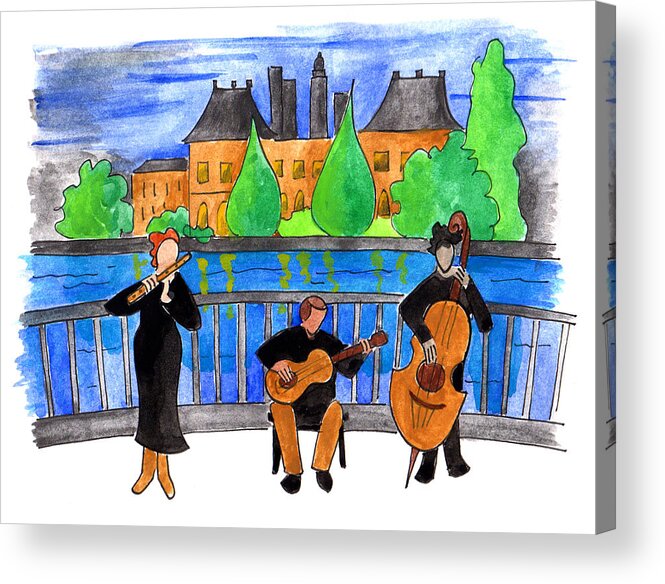 Art Acrylic Print featuring the painting Jazz Trio on Pont Ile Saint Louis by Anna Elkins