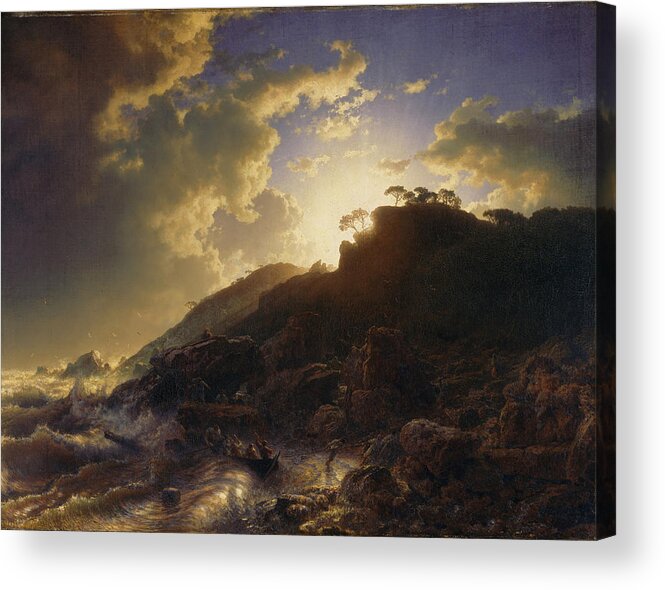 Andreas Achenbach Acrylic Print featuring the painting Sunset after a Storm on the Coast of Sicily #1 by Andreas Achenbach