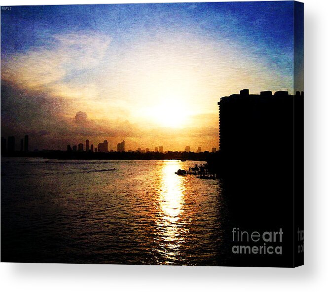 Sunset Acrylic Print featuring the digital art Sunset Over Miami #1 by Phil Perkins
